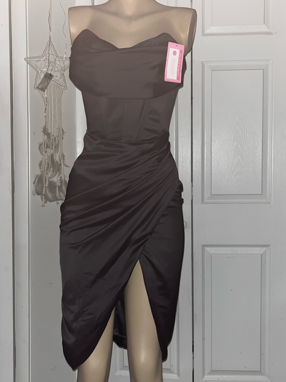 BARDOT designer new Strapless Black Ruched Satin Midi Dress